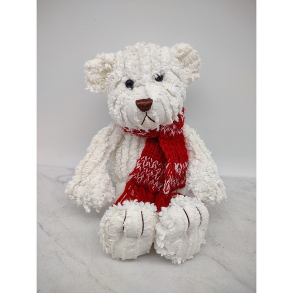 Fine Toy Co. Other - White Chenille Bear Plush Stuffed Animal Christmas Holiday Scarf Fine Toy Co 10"